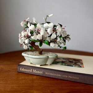 White Bloom Faux Bonsai in Pale Green Planter